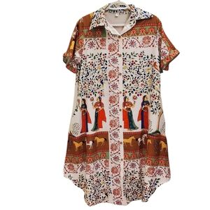 Unique Women's Bohemian Print Shirt Dress Short Sleeve Collared Button Front